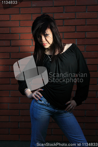 Image of fashion portrait of young woman with a brick wall