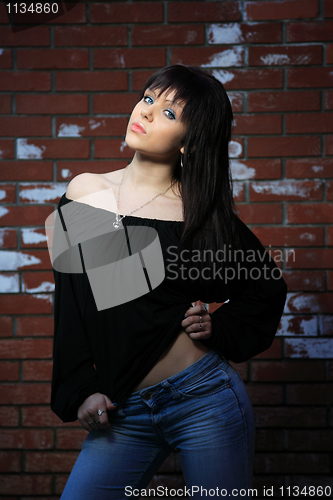Image of fashion portrait of young woman with a brick wall