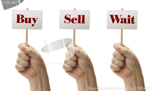 Image of Three Signs In Fists Saying Buy, Sell and Wait