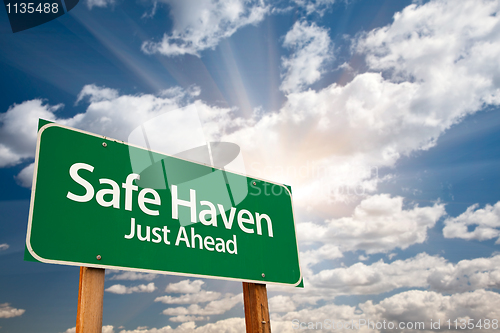 Image of Safe Haven Green Road Sign and Clouds