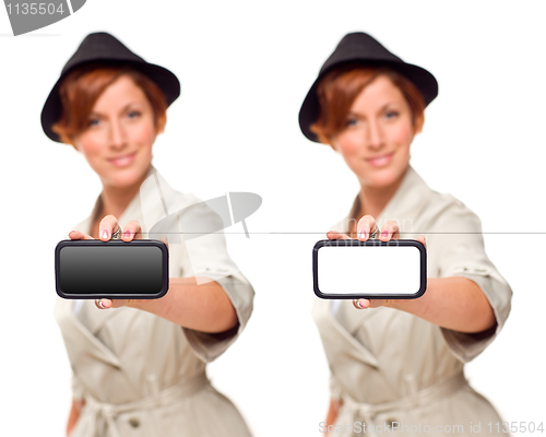 Image of Smiling Young Woman Holding Blank White and Black Smart Phone