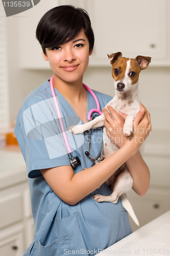 Image of Smiling Attractive Mixed Race Veterinarian Doctor or Nurse with 