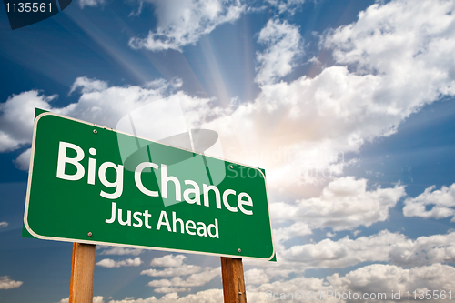 Image of Big Chance Green Road Sign and Clouds