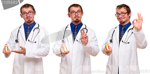 Image of Set of Three Male Doctors with Prescription Bottle