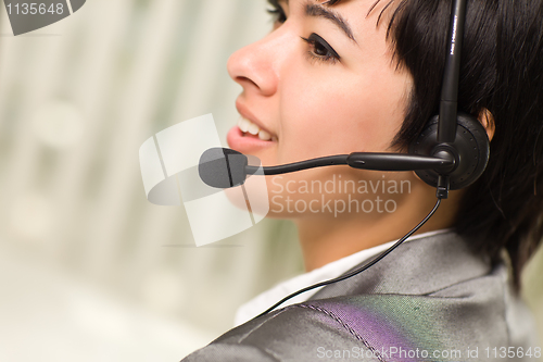 Image of Profile of Attractive Young Mixed Race Woman Smiles Wearing Head