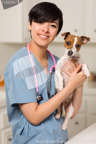 Image of Smiling Attractive Mixed Race Veterinarian Doctor or Nurse with 