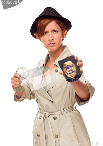 Image of Red Haired Female Detective With Handcuffs and Badge In Trenchco