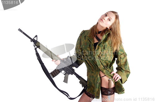 Image of Woman with gun on white