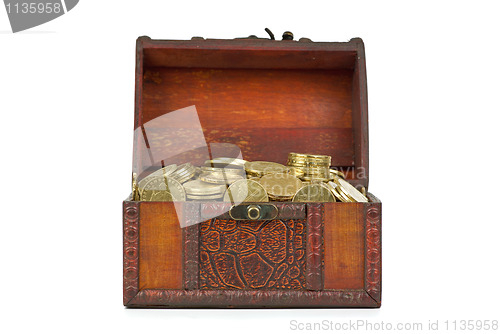 Image of Old wooden chest with golden coins