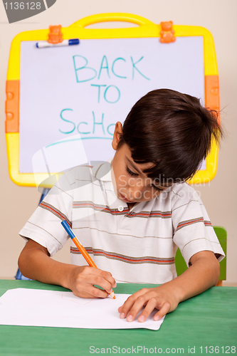Image of Portrait of a young boy writing notes