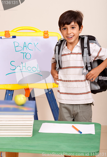 Image of Schoolboy with books and backpack