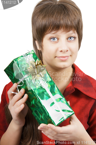 Image of portrait of an attractive young woman with a gift