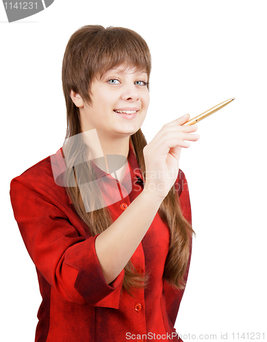 Image of young attractive girl with a pointer