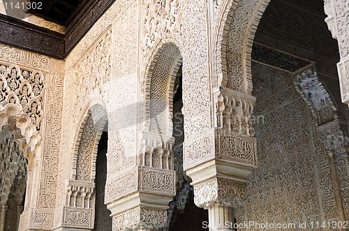 Image of Decorated arches and columns inside the Alhambra of Granada