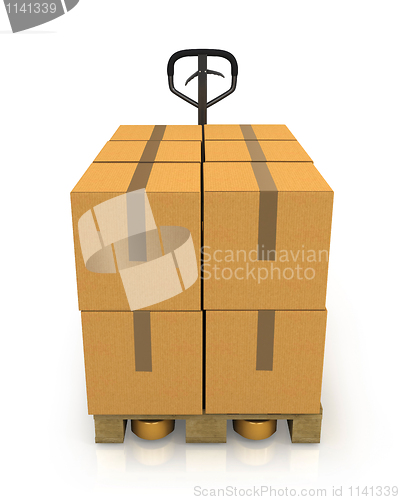 Image of Stack of carton boxes on a pallet with a pallet truck front view