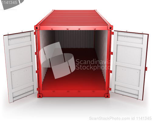 Image of Opened red freight container isolated, front view