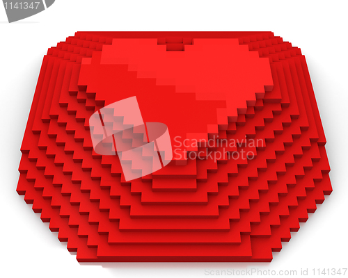 Image of Pyramid with heart on top made of red cubic pixels, front view