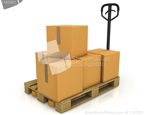 Image of Stack of carton boxes on a pallet with a pallet truck