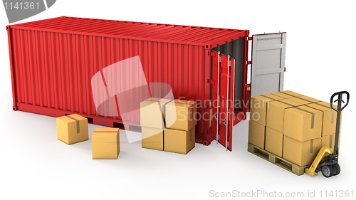 Image of Red opened container and many of carton boxes on a pallet