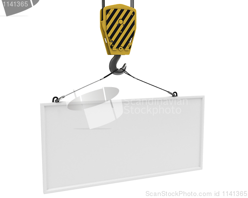 Image of Yellow crane hook lifting white blank plane for text