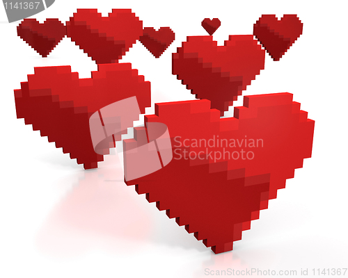 Image of Few red hearts made of cubic pixels