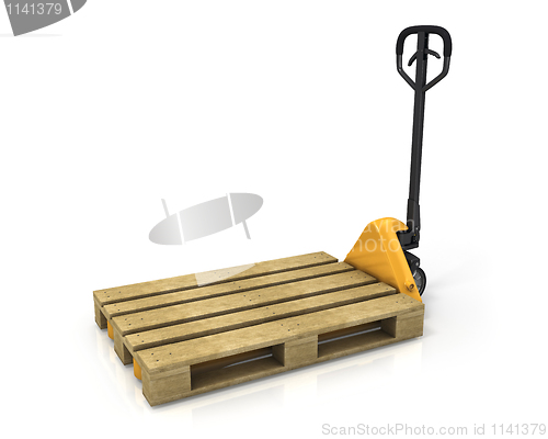 Image of Pallet truck with empty pallet in perspective