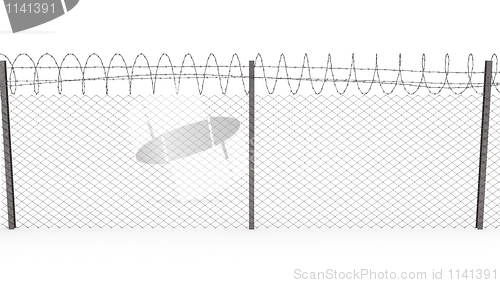 Image of Chainlink fence with barbed wire on top, front view