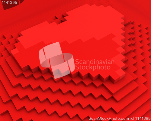 Image of Pyramid with heart on top made of red cubic pixels, diagonal clo