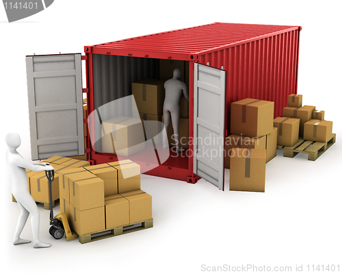 Image of Two workers unload container