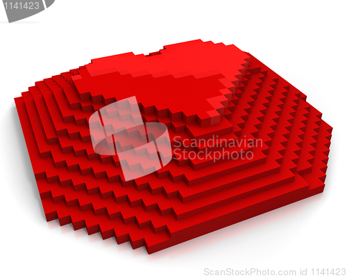 Image of Pyramid with heart on top made of red cubic pixels,diagonal view