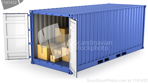 Image of Blue opened container with carton boxes inside