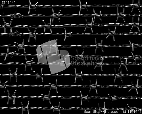 Image of Lines of barbed wire on black background