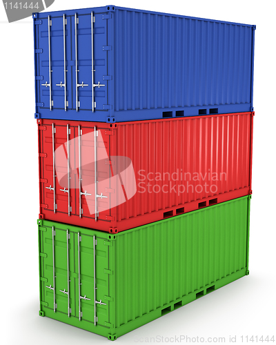 Image of Three freight containers stacked in a tower isolated