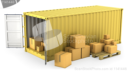 Image of Yellow opened container with a lot of carton boxes