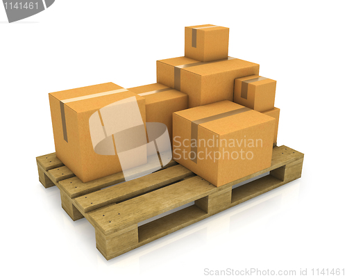 Image of Stack of different sized carton boxes on wooden pallet