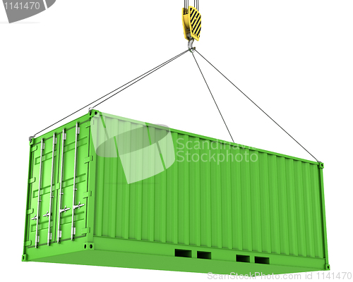 Image of Green freight container hoisted