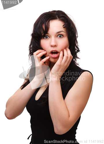 Image of Young woman holding her face in astonishment