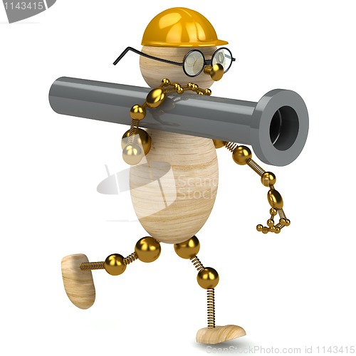 Image of 3d wood man carring a pipe