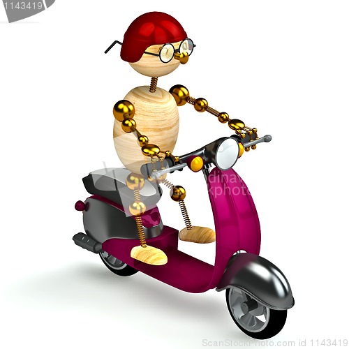 Image of 3d wood man is riding on moped