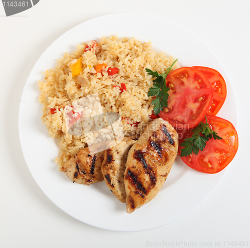 Image of Cajun chicken and rice meal from above