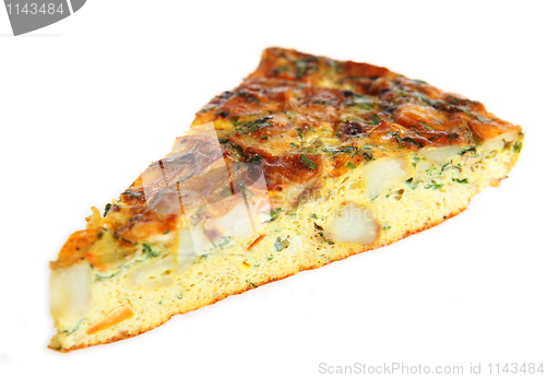 Image of Spanish omelet wedge on white