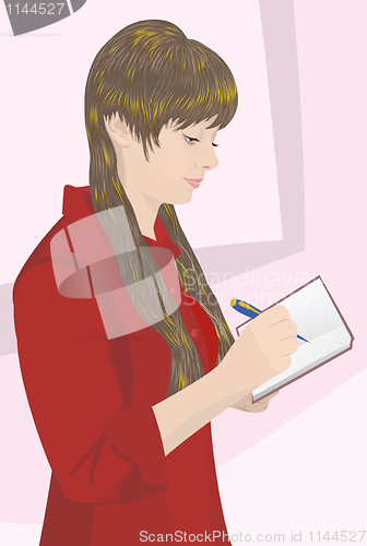 Image of The girl in red blouse wrote pen in a notebook