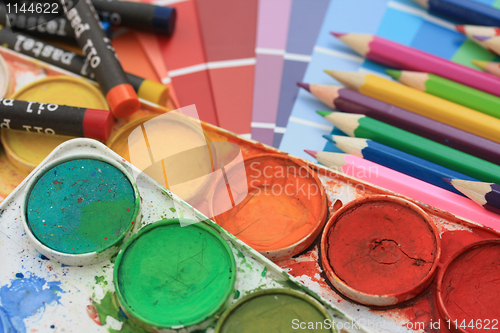 Image of Collection of color samples, water colors and pencils