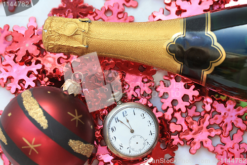 Image of Champagne and christmas decorations