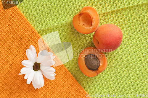 Image of The ripe apricot lays on towels