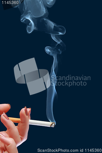 Image of Woman holds in her hand cigarette which produce smoke