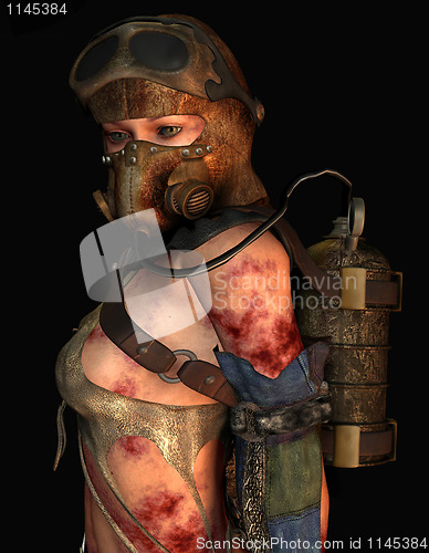 Image of injured woman wearing a gas mask