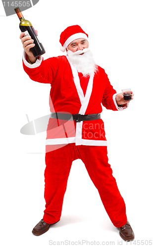 Image of Drunken Santa Claus with wine bottle