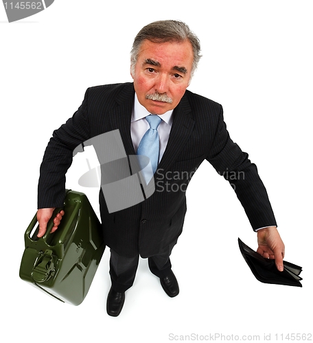 Image of Man showing gas can and empty wallet