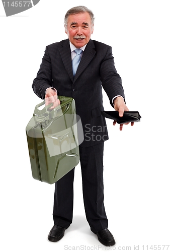 Image of Man showing gas can and empty wallet